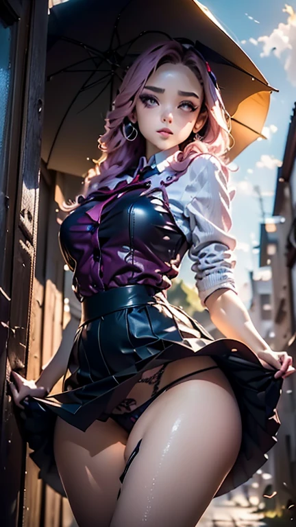a masterpiece, best quality, highres, absurdres, 1girl, crowd, skirt, wind blowing skirt up, no panties, pink hair, gasai yuno, from below, revealing clothes, skindentation, outdoors, sunlight, street, looking at viewer, blush, detailed face, beautiful detailed eyes, beautiful detailed lips, extremely detailed face, long eyelashes, cinematic lighting, depth of field, volumetric lighting, photorealistic, digital painting, concept art, vibrant colors, dynamic pose