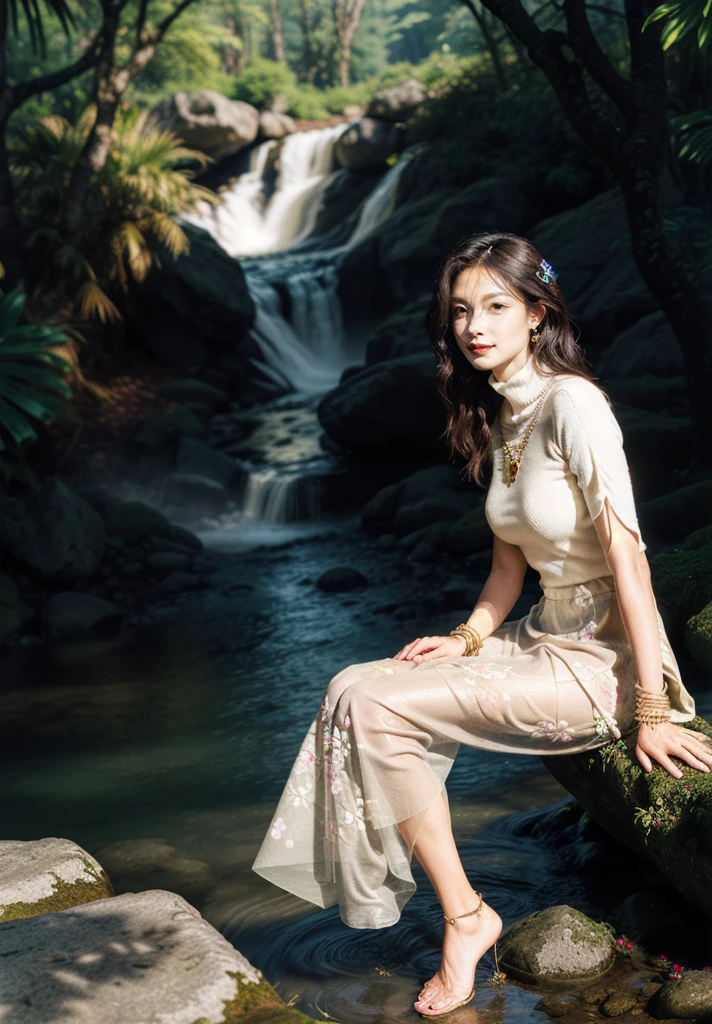 1girl,posture model,(portrait of a full body:1), sitting, book,slg,forest,waterfall, river,path,
(stochastic angle, stochastic pose,stochastic action),
luxury, jewelry, ornate, necklace, bracelet, hairpin,embroidery, (see-through Cream turtleneck, floral maxi skirt:1) 