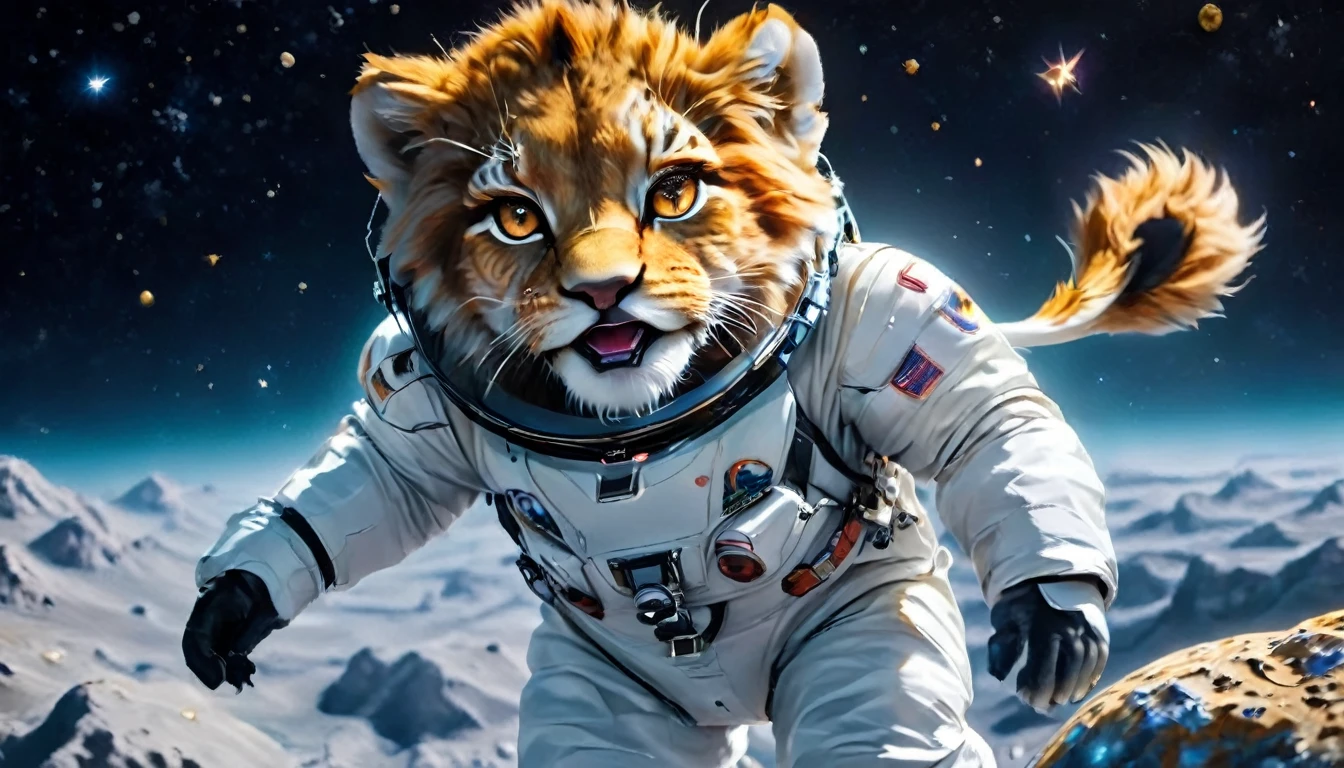 Arafed a picture of a anthomorph lion astronaut he stands on the moon (roaring: 1.3), open maw, mouth opened sense awe, sense of might, king of space, to space, an epic (anthomorph lion: 1.3), Ultra detailed head, open maw, best detailed head(wearing astronaut suit: 1.5), feline eyes, dynamic colors eyes, roaring as he stands on the moon roaring to space, the vastness of space above the king of space, many stars above him, vibrant, Ultra-high resolution, High Contrast, masterpiece:1.2, highest quality, Best aesthetics), best details, best quality, highres, ultra wide angle, 16k, [ultra detailed], masterpiece, best quality, (extremely detailed), Intense Gaze, Cinematic Hollywood Film, furry