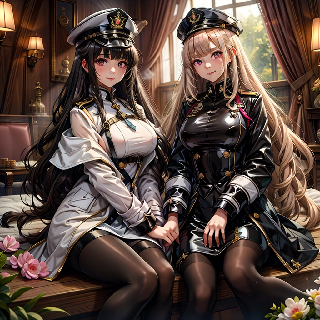 (Highest quality:1.2, artwork, Very detailed, expensiveディテール, digital coloring, High Contrast, masterpiece:1.2, Highest quality, Best aesthetics), 8K,masterpiece, cute,expensive,beautiful,Highest quality, 1 Female,Black Hair,Long Hair,Hollow Eyes, (finely detailed empty pupils and Detailed face),,,,Very detailedな CG ユニティ 8K 壁紙,alone,(Latex military costume:0.9),Large Breasts,Captivating smile,military hat, thigh high,Large Breasts,Black Hair,Pink Eyes,Pink leotard,pantyhose,Military coat,Patent leather suit,Glossy lips,Sitting,Bust Shot,Sadistic smile,,all,Shiny skin,Military coat,Detailed face,beautiful body,whole body,Adult,whole body油まみれで光沢感がある　whole bodyから湯気が出ている　Steam like a sauna room fills the entire screen.　White breath from the mouth