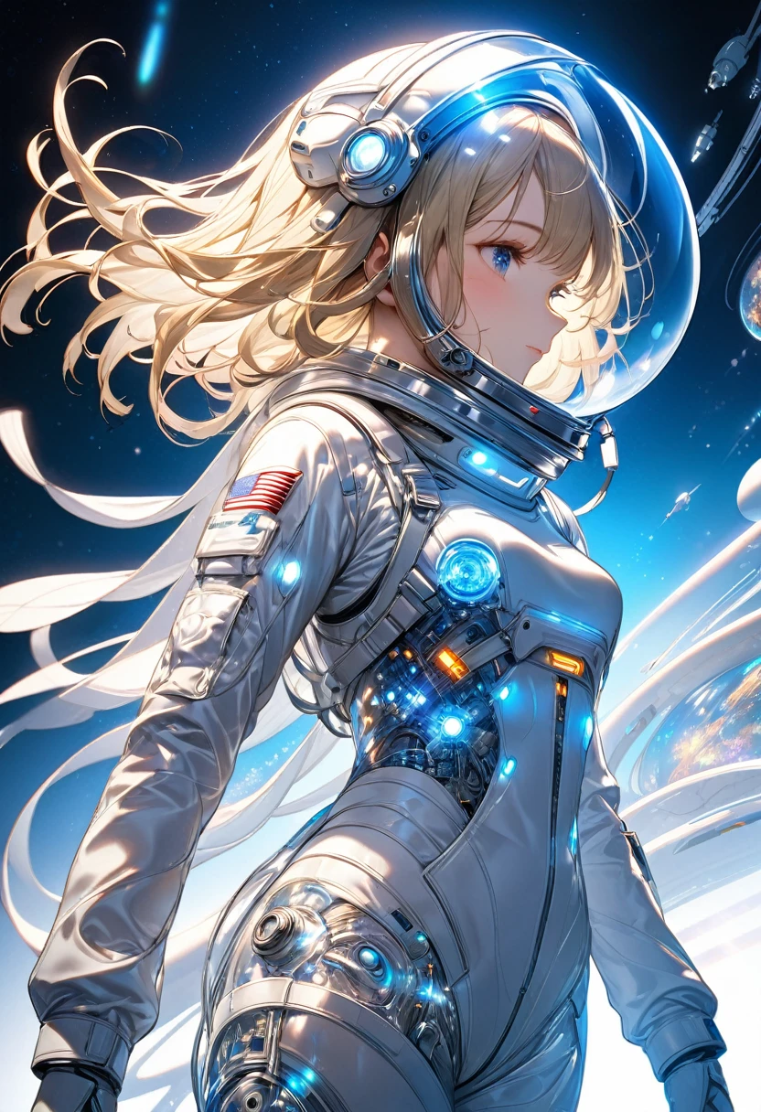  Perfect anatomy of a man wearing an astronaut suit、Close-up of pretty girl wearing transparent helmet astronaut beige hair delicate and beautiful intricate sci-fi digital art illustration edge blue light light and shadow effect movie scene masterpiece, The best quality meticulously carved extremely delicate art work ultra-precision art,Stunning digital art