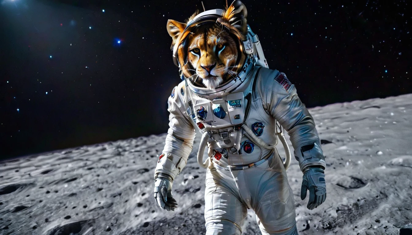 Arafed a picture of a anthomorph lion astronaut he stands on the moon (roaring: 1.3), open maw, mouth opened sense awe, sense of might, king of space, to space, an epic (anthomorph lion: 1.3), Ultra detailed head, open maw, best detailed head(wearing astronaut suit: 1.5), feline eyes, dynamic colors eyes, roaring as he stands on the moon roaring to space, the vastness of space above the king of space, many stars above him, vibrant, Ultra-high resolution, High Contrast, masterpiece:1.2, highest quality, Best aesthetics), best details, best quality, highres, ultra wide angle, 16k, [ultra detailed], masterpiece, best quality, (extremely detailed), Intense Gaze, Cinematic Hollywood Film, furry