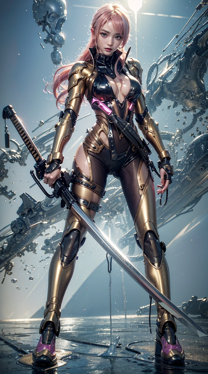 Highest quality、Surreal、Perfect Anatomy、In the middle of a crowded arena、Surrounded by spectators、Crowd、Wet and shiny white skin、Sweat dripping all over the body、Slender model figure、Ahegao、Golden and pink hair、soaked、Super small face、Collars and Leads、Cyberpunk Girl、photo shoot、Black Japanese sword、Black micro bikini、latex、Heart decoration、Cleavage、Dripping blood、Intricate, luminous mechanical parts、