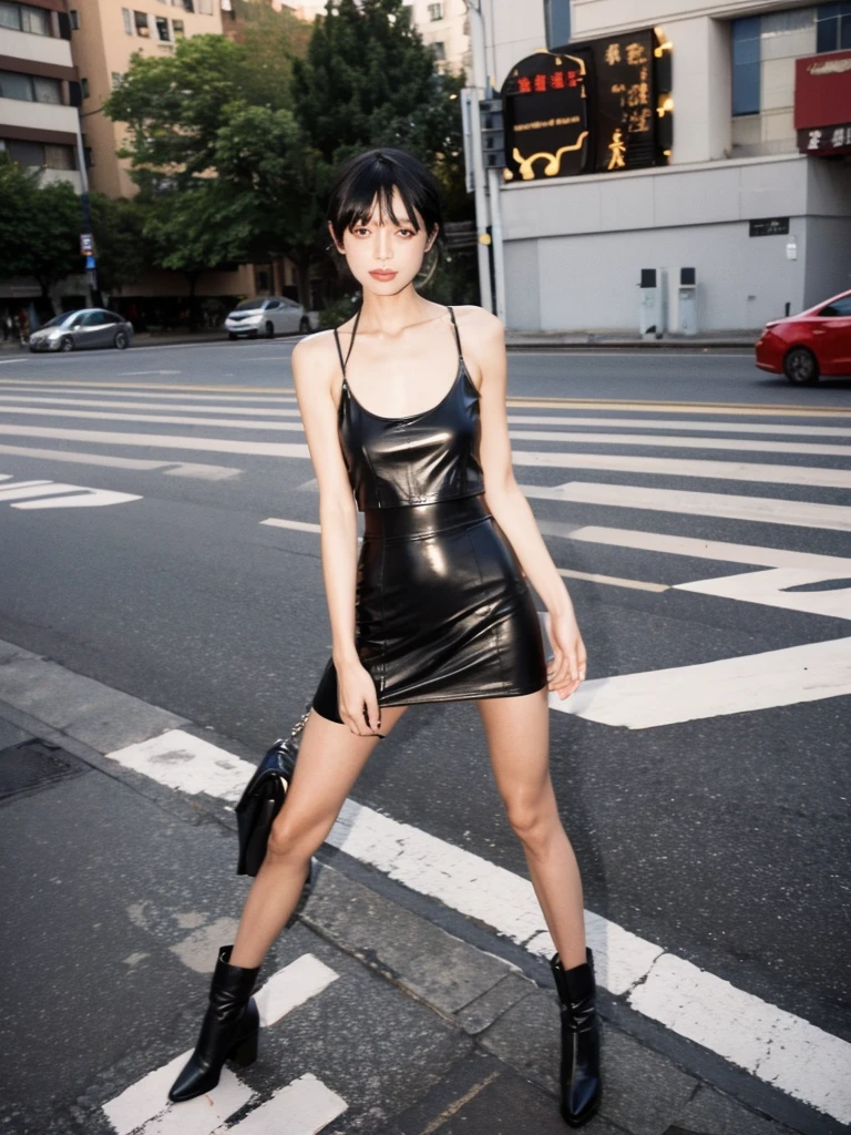 A Chinese prostitute stands on the side of a road, wearing a low-cut tank top with half full breasts exposed, and a low-waisted leather jacket over it. She wore only a short leather skirt, bare thighs and calves, and a pair of high-waisted leather boots on her bare feet. There were a few street girls standing along the road, and they were all scantily dressed to show as much femininity as possible.