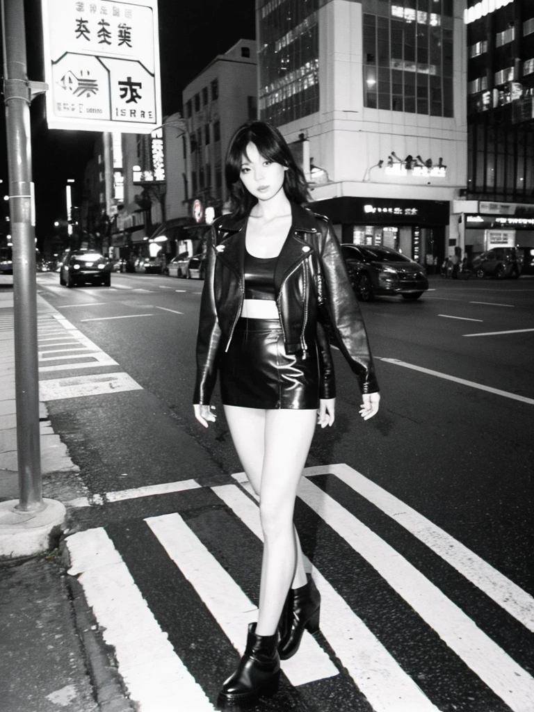 A Chinese prostitute stands on the side of a road, wearing a low-cut tank top with half full breasts exposed, and a low-waisted leather jacket over it. She wore only a short leather skirt, bare thighs and calves, and a pair of high-waisted leather boots on her bare feet. There were a few street girls standing along the road, and they were all scantily dressed to show as much femininity as possible.