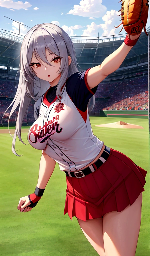 Highest quality、Great visuals、High resolution、High resolution、（Ball in the glove）（high school girl）（Red belly-baring T-shirt）（Black Mini Skirt）（Tall and slim、Long limbs）（sexy baseball uniform） (The grounds watched by spectators)、(Shortstop catching a baseball) (美しいアジアのbaseball player)、(woman) baseball player)、Long silver hair、Sports photography、(Perfect Face)、(Super beautiful) ) (女子baseball player)（Baseball defense）