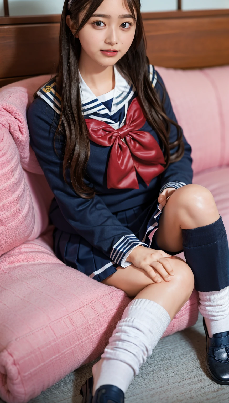 ((highest quality、8k、masterpiece:1.3)),((((fullbody shot)))),Ultra-high resolution,big eyes,Japanese,forehead,bangs,(a girl),(1 girl),((16 years old)),((cute)),pretty,((facing at viewer)),(long hair),(((black sailor uniform))),grin,(sitting on sofa),(pleated mini skirt)