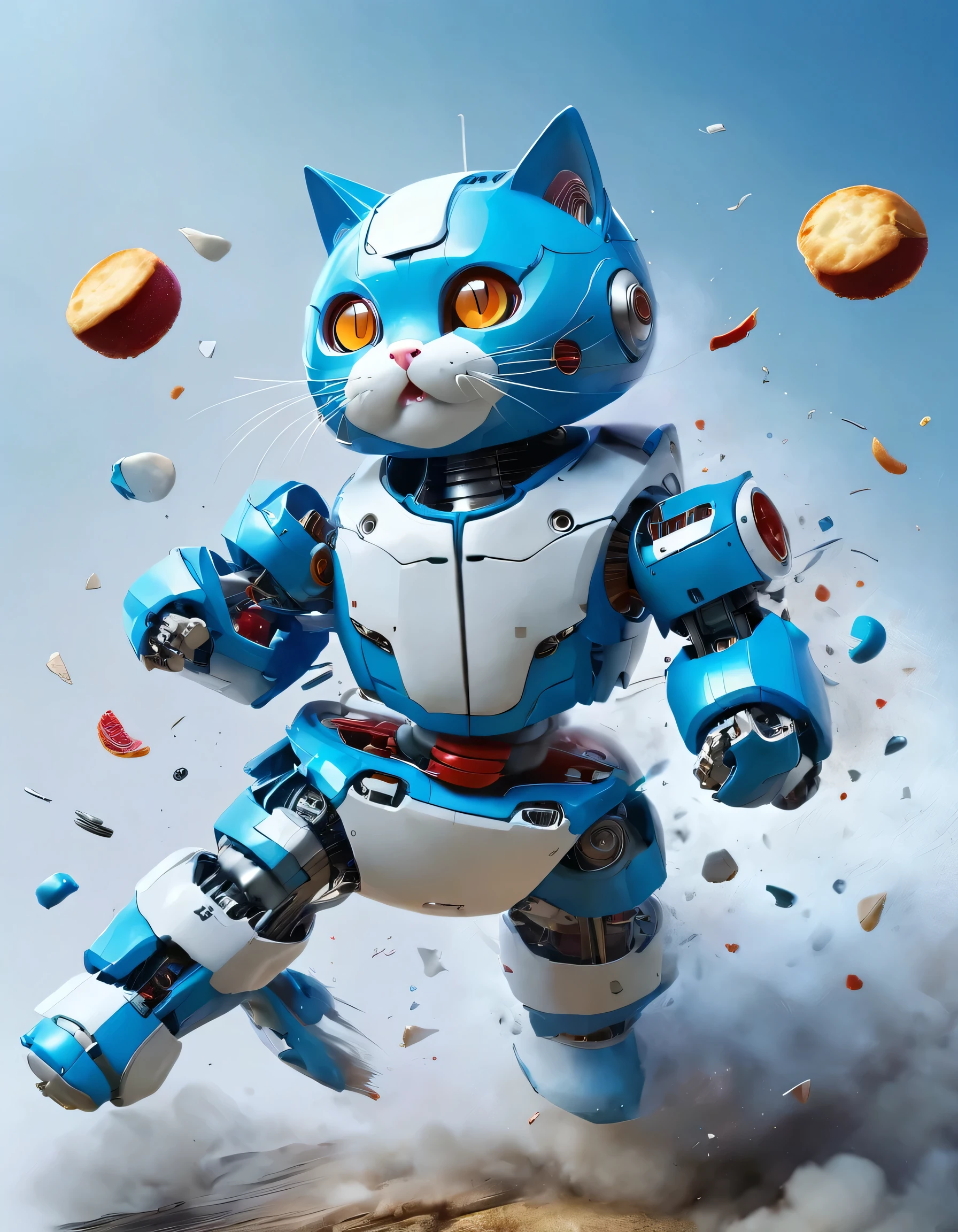 Cat-shaped robot,Blue body and head,Face and belly are white,Pocket on stomach,Red collar and bell,,Floating in the air for a bit,Bipedal,Have dorayaki,Both of his ears were eaten by mice.,Propeller on the head,