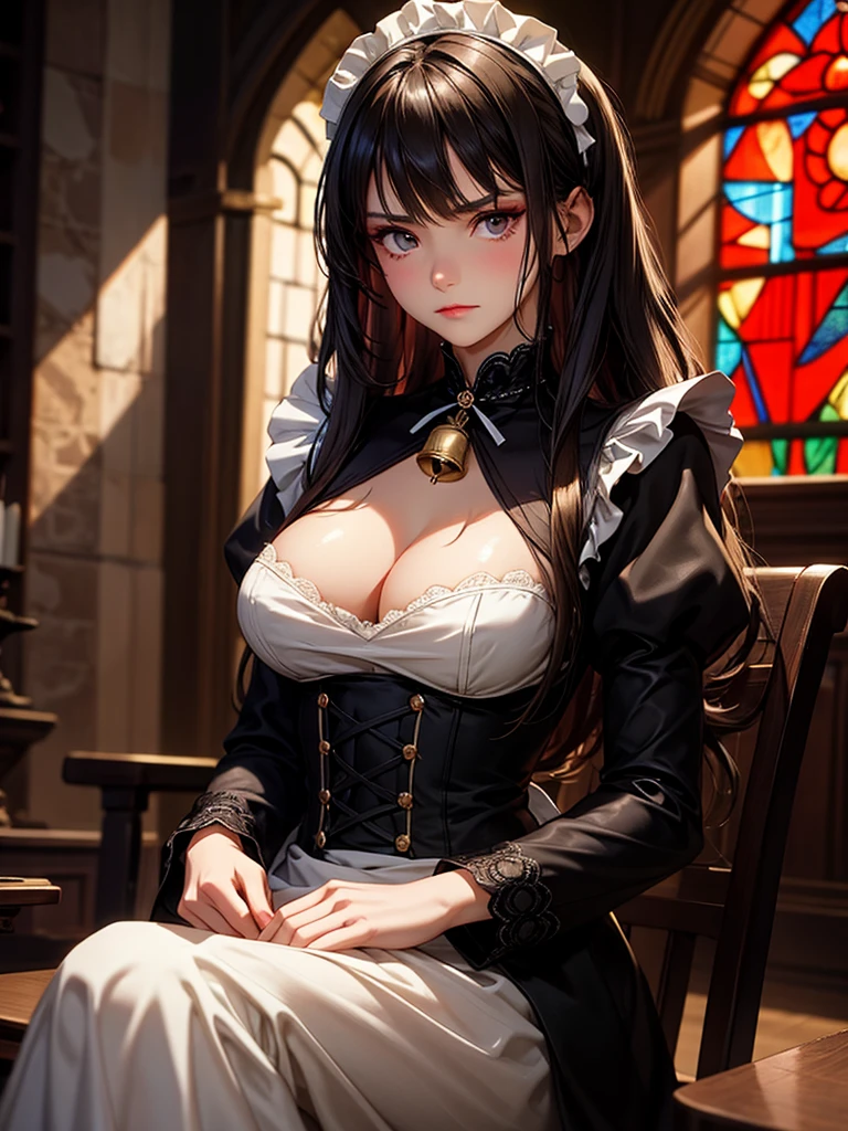 Always detailed face, Perfect lighting, Highly detailed CG, (Perfect hands, Perfect Anatomy),Super detailed,　Junior high school student long hair straight hair、Dark Gothic Makeup、Dark smile、Restless Palace、Expression of sexual arousal、The beauty of fragrance、15 years old、liar、charm、Embarrassed look、Frowning、Dark Gothic、Maid clothes、Bell Sleeves、Wizard Sleeve、Stained Glass Background、Tabletop、Highest quality、Sweat glistens on my chest、豪華で煌びやかなMaid clothes、Sexy Gothic Fashion、The body is wet and shiny、Transcendent Sex Appeal、Glitter on thighs、I&#39;I&#39;I&#39;m sweating a lot、Large Breast Size、Loving smile、Twin tail hair、Platinum Blonde Hair、Iの太ももはとても濡れている、Jet black frill skirt、Shadow、Right blue eye, Left eye is red、Gothic bed covered with roses、Transcendent Bewitching Temporarily Disabled、whole body、charm的な脚、Knee-high socks、Thigh-high socks、lace trim bra, lace trim panties, Pink Lingerie, Lace-trimmed legwear, Black lace, Side tie panties, satin panties, garter belt, Good elevator, 　whole body油まみれで光沢感がある　whole bodyから湯気が出ている　Steam like a sauna room fills the entire screen.　White breath from the mouth
