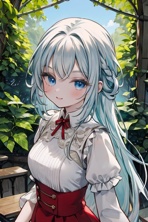 (8K, Highest quality, Tabletop:1.2)、Ultra-high resolution, Detailed face, Mischievous Smile, One -yeld gi blue eyes, Silver Hair, Braiding, Long Hair, Red ribbon on head, Red dress, blue sky, in the forest, wood, table cloth, Set of cake and tea on the table, Sit on a chair, (wedding dress:1.2)