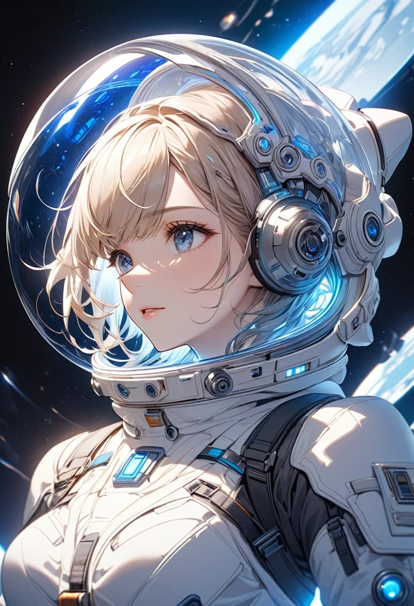  Perfect anatomy of a man wearing an astronaut suit、Close-up of pretty girl wearing transparent helmet astronaut beige hair delicate and beautiful intricate sci-fi digital art illustration edge blue light light and shadow effect movie scene masterpiece, The best quality meticulously carved extremely delicate art work ultra-precision art,Stunning digital art
