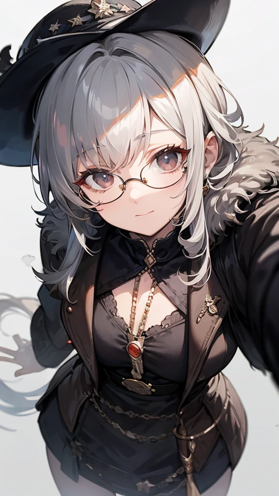 masterpiece, concept art, centered, close up shot, head to toe((must)), aschgray haired early 20's Russian girl, steampank fashion, wearing simple eyeglasses, background is mochabrown