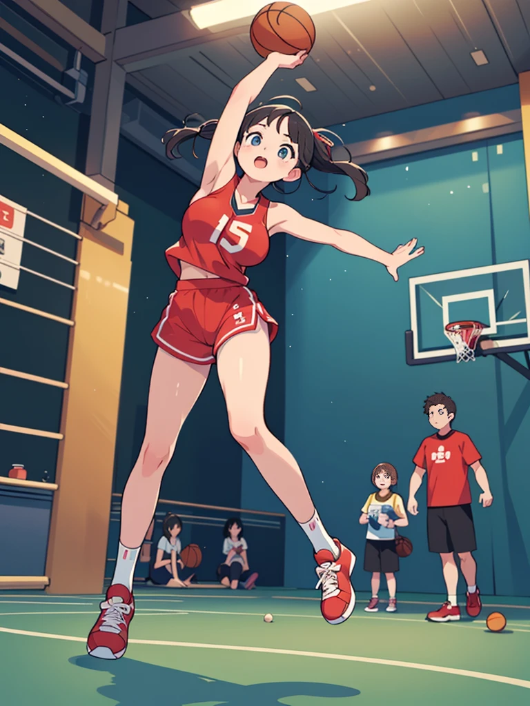Highest quality、High resolution、Detailed Background、Beautiful Face、High detail、(Perfect Anatomy, Perfect Style)、(Detailed facial expressions)、(fine grain:1.2)、Teenage Beauty、(very wide shot:1.5, full body:1.4), One Girl、Elementary school students, Cute black hair、Braided Bob, Braided, clear, deep blue eyes、Braided Ponytail, Braided bob cut, Basketball game in the gym, jumping:1.5, dunking:1.5, Incredible jumping ability:1.5, Suspended in the air, ready to shoot:1.5, ((shoot from behind:2, looking up)), (Bright red uniform:1.5, Blue Line, No sleeve:1.5, Red Basket Shoes)、(armpit:1.2), ((large breasts:1.2, pointy breasts:1.2, high breasts:1.2)), A player is about to smash a ball held in one hand into a basketball goal,