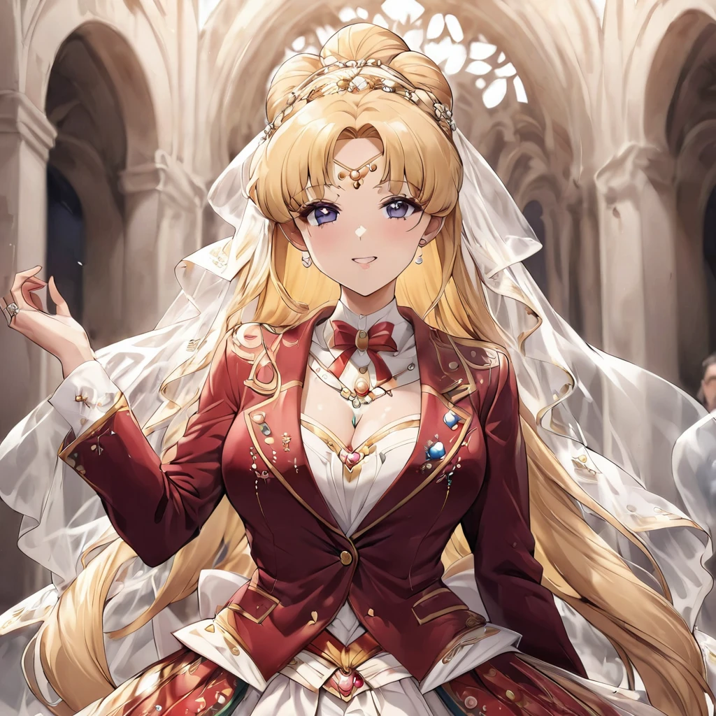 ((Highest quality)), ((masterpiece)), (detailed), （Perfect Face）、The woman is an Italian named Tsukino Usagi, and is getting married in an Italian church wearing a gorgeous and glittering Italian traditional Sardinian costume, a lavishly decorated velvet jacket, a long veil, gorgeous jeweled accessories, and an engagement ring. She is married to a dignified and sturdy Italian middle-aged man wearing a Sardinian with a beard.、The woman is the elegant Tsukino Usagi, with long blonde hair in a chignon twin tail. The woman is an Italian bridal dress, wearing a velvet jacket decorated with Sardinian national costumes and a long veil.