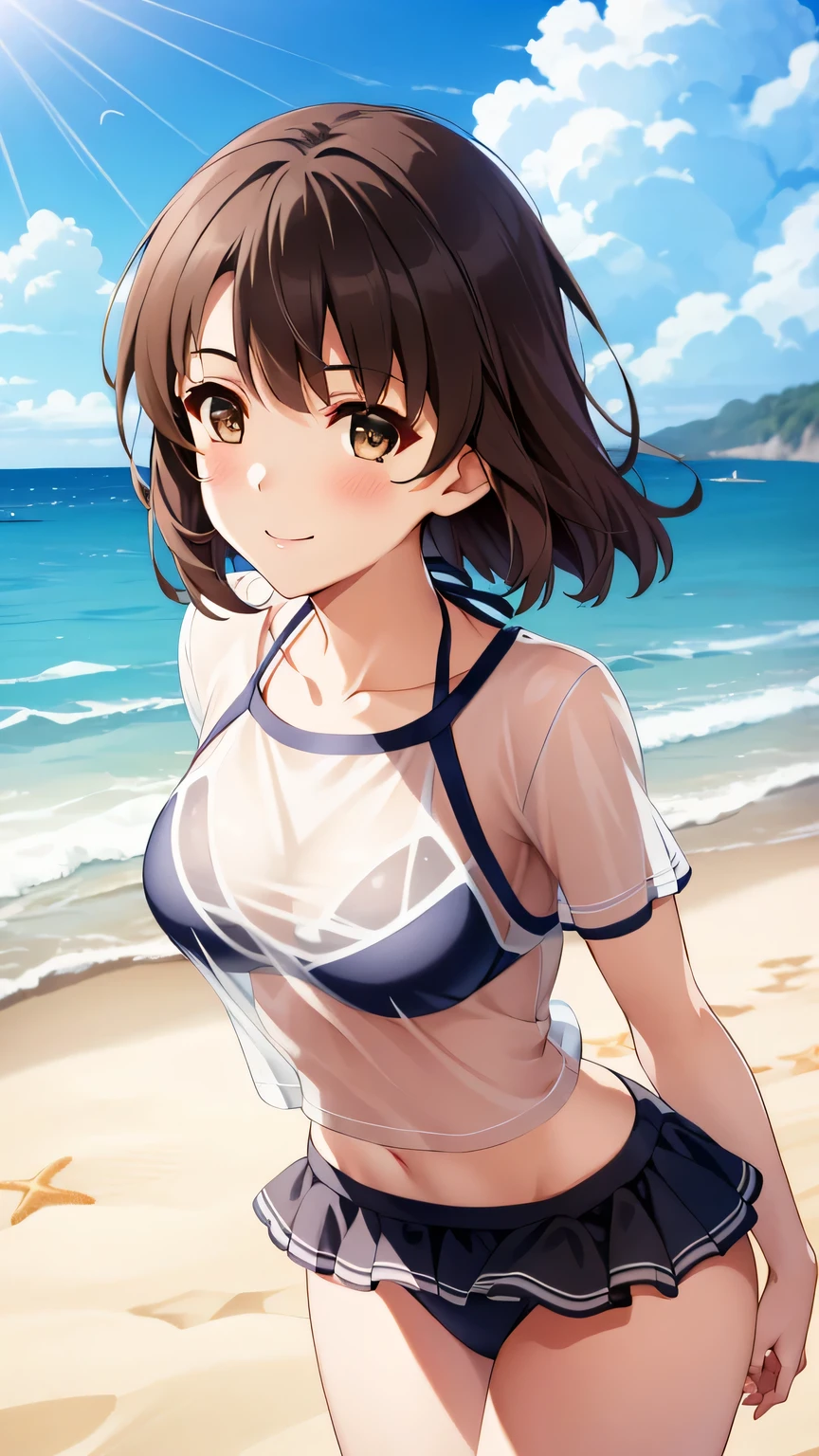 {{{masterpiece}}}, {{{best quality}}}, {{ultra-detailed}}, {illustration}, {{an extremely delicate and beautiful}}, (beautiful detailed eyes:1.6), extremely detailed face, 8k, anime face, Katou Megumi (SAEKANO), cute face, brown hair, short hair, (brown eyes:1.7), short hair, medium breasts, thin waist, big hips, curvaceous, 1girl, bikini under clothes, swimsuit under clothes, bikini, t-shirt, see-through, short shirt, looking at viewer, outdoor, sky, sea, daytime, beach, crowd of people, standing, smiling, embarrassed, flushed cheeks,