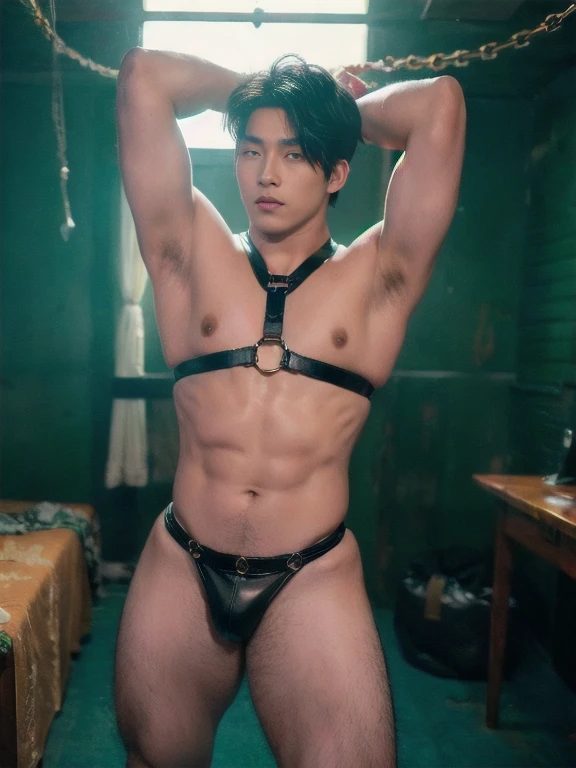 Black hair, Big bulge, very hairy armpits, hairy pubic, hairy crotch, Cute handsome face, In the dirty alley, Zephyr stands bound, WEARING Tiny thong, his wrists encased in supple leather cuffs that accentuate the lines of his forearms. A bondage chest harness adorns his upper body, its intricate design revealing the play of shadows on the exposed skin of his chest. The ambient lighting casts a warm glow, creating an interplay of light and darkness. Zephyr's legs, enveloped in calf-to-thigh leather restraints, add a visual symmetry to the scene. The leather straps, secured with meticulous precision, enhance the aesthetic appeal of his bound form. The absence of a body panel in the chest harness exposes his torso, highlighting the vulnerability and sensuality of the moment. As Zephyr's hair falls slightly disheveled around his face, the room captures the scents of leather and anticipation. The alley becomes a canvas for the visual impact of restraint, each element contributing to the immersive experience. The intricate details of the bindings and the interplay of light create a visually compelling scene, ripe for exploration by an AI image generator. Both Arms behind back, handcuffed. Nipple clamps. , full bodyesbian , epic reality , epic photorealistic , ultra realism , photorealistic , only male , only boy , full length shot (fls) , wearing sexy micro string thong , arms up, handsome korean boy , (topless) , sex slave. ,bondage collar chain , standing , wide hips , wide pelvis , phat hips. , thick thighs , (warm tone photo) , very tight , (stocking garter) , snake eyes, thin lip. Buzz cut hairstyle