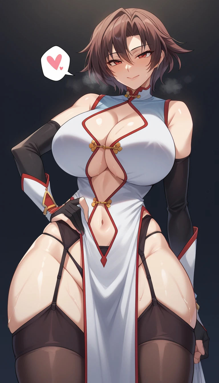 score_9, score_8_up, score_7_up, score_6_up, score_5_up,  black background,
BREAK
source_anime, rating_explicit, Expressiveh,
BREAK
1girl, Lee Mayfeng, brown hair, short hair, red eyes, huge breasts, happy, closed mouth, spoken heart, 
china dress, cleavage, elbow gloves, black thighhighs, garter belt, garter straps, thong, pelvic curtain, white footwear,
tall, leggy, glistened skin, oiled skin, shiny skin, heavy breathing, wide hips, tight waist, thick thighs,
pussy juice, 