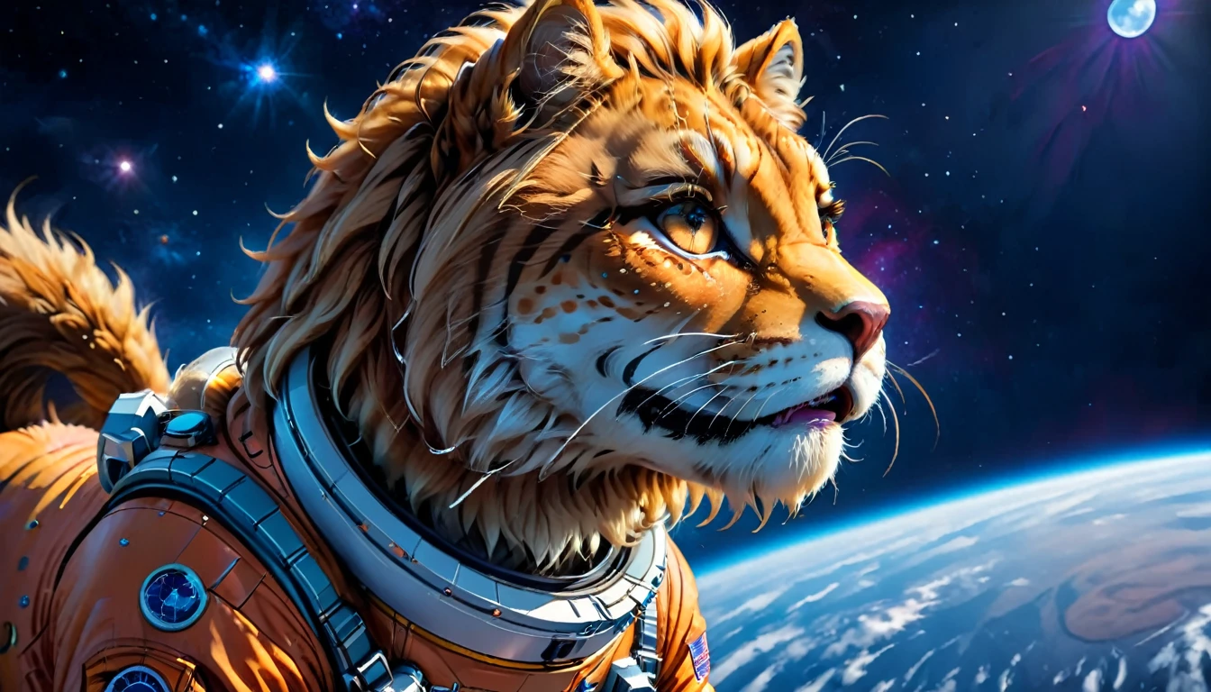 Arafed a picture of a anthomorph lion astronaut he stands on the moon (roaring: 1.3), open maw, mouth opened sense awe, sense of might, king of space, to space, an epic (anthomorph lion: 1.3), Ultra detailed head, open maw, best detailed head(wearing astronaut suit: 1.5), feline eyes, dynamic colors eyes, roaring as he stands on the moon roaring to space, the vastness of space above the king of space, many stars above him, vibrant, Ultra-high resolution, High Contrast, masterpiece:1.2, highest quality, Best aesthetics), best details, best quality, highres, ultra wide angle, 16k, [ultra detailed], masterpiece, best quality, (extremely detailed), Intense Gaze, Cinematic Hollywood Film, furry