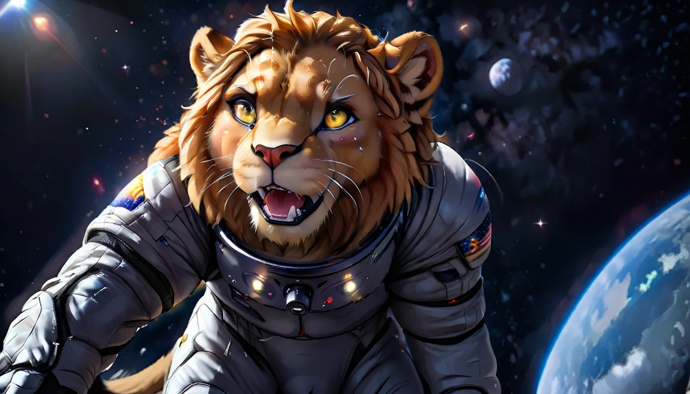 Arafed a picture of a anthomorph lion astronaut he stands on the moon (roaring: 1.3), open maw, mouth opened sense awe, sense of might, king of space, to space, an epic (anthomorph lion: 1.3), Ultra detailed head, open maw, best detailed head(wearing astronaut suit: 1.5), feline eyes, dynamic colors eyes, roaring as he stands on the moon roaring to space, the vastness of space above the king of space, many stars above him, vibrant, Ultra-high resolution, High Contrast, masterpiece:1.2, highest quality, Best aesthetics), best details, best quality, highres, ultra wide angle, 16k, [ultra detailed], masterpiece, best quality, (extremely detailed), Intense Gaze, Cinematic Hollywood Film, furry