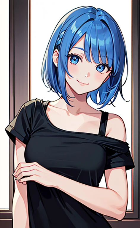 (masterpiece:1.5、Photorealistic:1.4,anime coloring:1.4、high resolution:1.4)、,(spot light:1.2、Exquisite beautiful eye:1.5,)、(stand:1.5)、()、(upper body:1.5)、
(kind eyes、tareme:1.4),()、(Cute Face)、(blue hair:1.5)、(middle hair:1.5),(sidelock :1.6),(blunt bangs:1.3),(1 girl)、(blue eyes:1.2)、(light smile:1.5),(Face up:1.5)、(solo)、() ,(),(small breasts),(),(Shoulderless black t-shirt:1.5),()、()、()、Slim Body(),Shiny Hair、