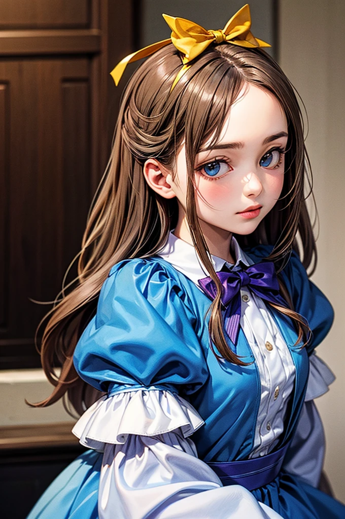 1 girl, Masterpiece, best quality, 8K, Fine texture, Fine fabric, Beautifully detailed face, complicated details, Very detailed, Alice in Wonderland, (bow on her head:1.1), upper body