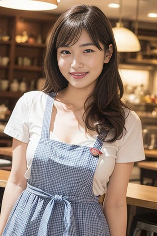 ooki masterpiece、Highest quality、Ultra-high resolution、(Photorealistic:1.6)、1 girl、(Long Hair:1.5)、(round face:1.3)、(Gingham check suspender apron:1.3)、(Plain blue high waist skirt:1.3)、(Apron skirt:1.2)、(White blouse:1.3)、(Double-breasted、Underbust:1.2)、Short sleeve、Button Gap、(Smooth Skin:1.1)、Dynamic pose、(chest:1.2)、Cafe、restaurant、Red lipstick、Disheveled Hair、Spreading her legs、smile、Curly Hair、