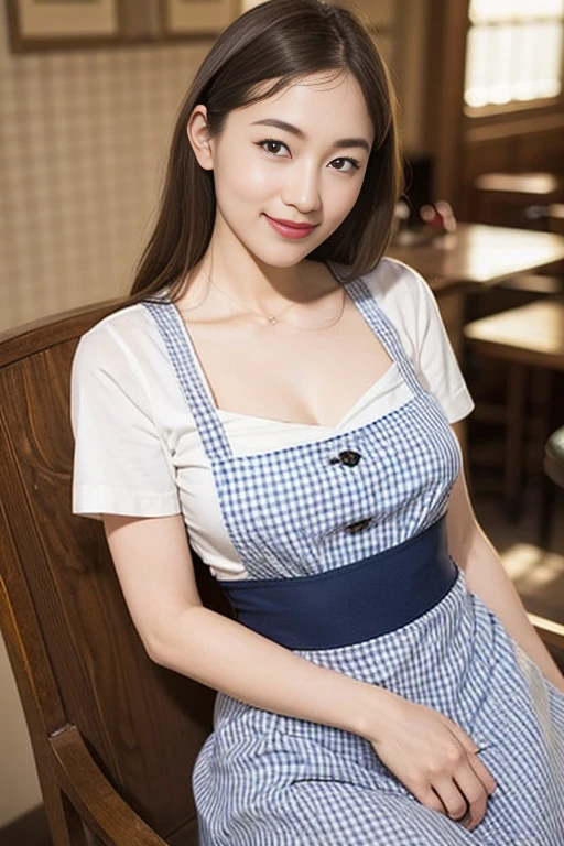 ooki masterpiece、Highest quality、Ultra-high resolution、(Photorealistic:1.6)、1 girl、(Long Hair:1.5)、(round face:1.3)、(Gingham check suspender apron:1.3)、(Plain blue high waist skirt:1.3)、(Apron skirt:1.2)、(White blouse:1.3)、(Double-breasted、Underbust:1.2)、Short sleeve、Button Gap、(Smooth Skin:1.1)、Dynamic pose、(chest:1.2)、Cafe、restaurant、Red lipstick、Disheveled Hair、Spreading her legs、smile、Curly Hair、