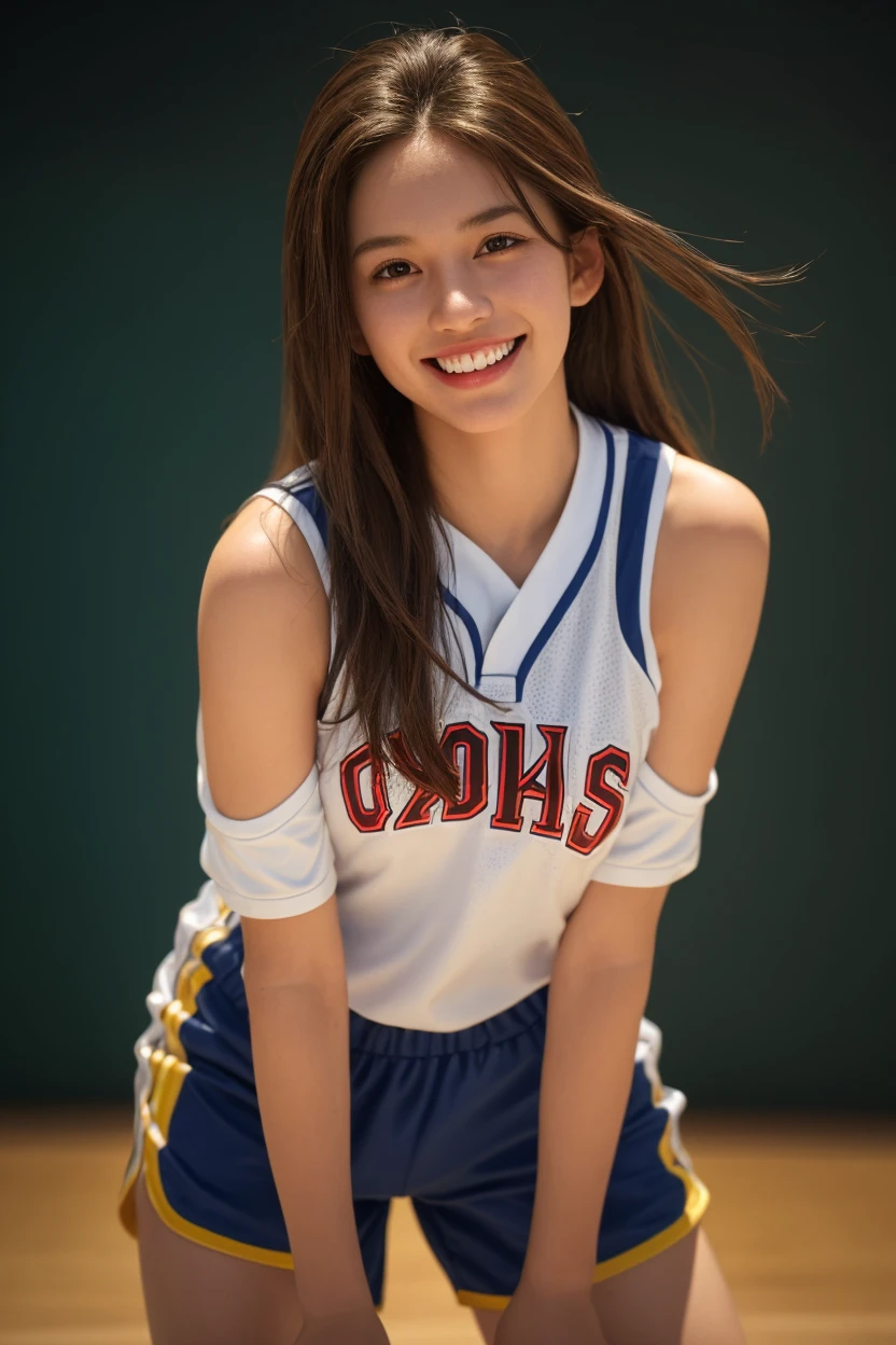 (Ultra Real), (Illustration), (High Resolution), (8K), (Very Detailed), (Best Illustration), (Beautiful Detailed Eyes), (Best Quality), (Ultra Detailed), (Masterpiece), (Wallpaper), (Detailed Face), Night, volleyball uniform、indoor stadium, Up,Armpits, Smile,Plump,Solo,Simple, Sweaty, Japan Person, Big, (Camel Toe)