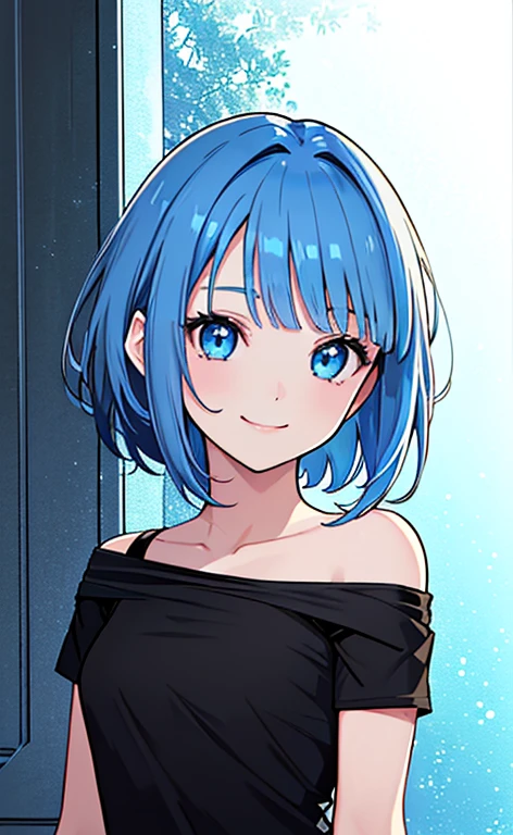 (masterpiece:1.5、Photorealistic:1.4,anime coloring:1.4、high resolution:1.4)、,(spot light:1.2、Exquisite beautiful eye:1.5,)、(stand:1.5)、()、(upper body:1.5)、
(kind eyes、tareme:1.4),()、(Cute Face)、(blue hair:1.5)、(middle hair:1.5),(sidelock :1.6),(blunt bangs:1.3),(1 girl)、(blue eyes:1.2)、(light smile:1.5),(Face up:1.5)、(solo)、() ,(),(small breasts),(),(Shoulderless black t-shirt:1.5),()、()、()、Slim Body(),Shiny Hair、