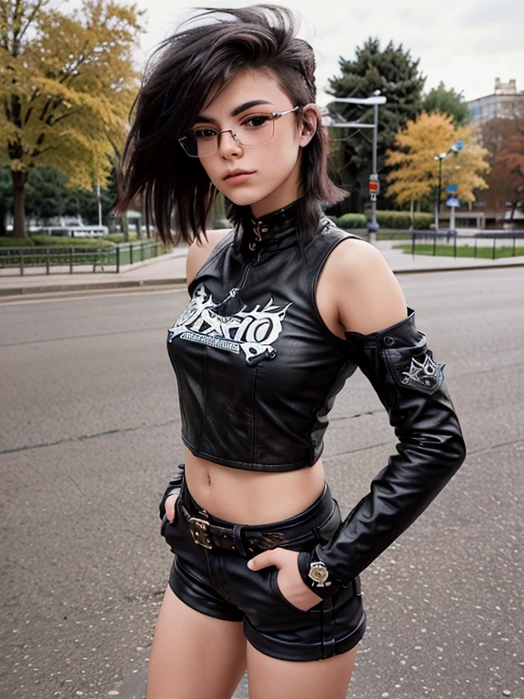 Best quality, Ultra high resolution, (Photorealistic:1.4), (masterpiece, Best quality:1.2),Full-length photo portrait of a young chubby Russian punk girl in glasses, 22 years old with aesthetic small breasts with beautiful erect nipples, corneal reflections, whole body, Detailed human skin texture, beautiful elastic body, aesthetic completeness, Beautiful face, mischievous expression on his face, one-sided grin, spiky tousled hair, very tousled shoulder length brown tousled hair (rebellious late 80s punk hairstyle), Brown eyes, ((glasses with lenses in black frames)), a little crazy look, sparkle in the eyes, ((short stature)), athletic build, small skinny leather shorts with laces along the hips (absolutely no panties), leather rocker biker jacket, motorcycle gloves, biker boots-Cossacks, ripped black T-shirt with a skull, bare belly, navel with piercing, beautiful hands, Graceful fingers, почти незаметная one-sided grin, bare neck without jewelry, in the park,  80s punk rock clothing style, Free standing pose, Palace Embankment, Saint Petersburg , ( 1980s Rocker Hairstyle)), Realistic photography, texture of photo paper, full length, (beautiful clear detailed face:1.2), Increased image sharpness, sharp image, high quality textures, high detail, realistic textures 