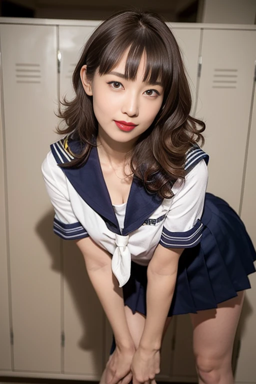 (((Perfect Anatomy、Anatomically correct、Ultra-dense skin)))、Shiny skin、Watching the viewer、((Back view、From below))、Beautiful Hair、Beautiful Face、Fine and beautiful eyes、(blue eyes、Baby Face、Mole under the eye、Beautiful clavicle、Beautiful body、Beautiful breasts、Camel Toe、((Short sleeve、Cute sailor uniforms, all in navy blue、Dark navy pleated skirt、Navy blue sailor color、Sailor scarf、socks、Brown Loafers))、誘惑的なThighs、(Red Slave Collar)、((Embarrassing、was scary、sad、Half mouth))、standing、(((Leaning forward)、take off your clothes、Raise one leg、Pulling on white panties))、(Beautiful Landscape)、summer、School、locker room、、Highest quality、masterpiece:1.2、Very detailed)、(Real)、Beautiful illustrations、Natural light、whole body、Red lipstick、Thighs、Long legs、Long legs、Curly Hair、smile、Thighs、