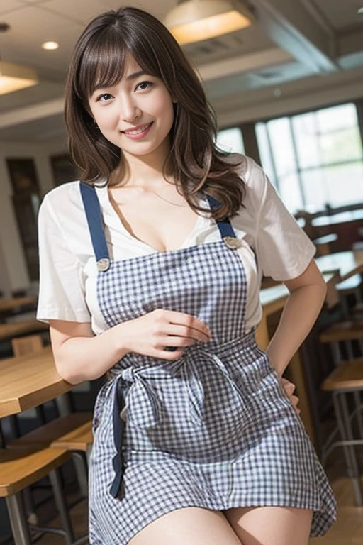 (Highest quality、Tabletop、8k、Best image quality、Award-winning works)、Woman working in a café、(The perfect brown apron:1.1)、(The perfect brown apron:1.1)、(wide々She is standing elegantly in a modest cafe..:1.3)、(A classy shirt and apron:1.1)、(Big Breasts:1.1)、(Accentuate your body lines:1.1)、Beautiful woman portrait、The most elegant and cozy cafe、The most natural cafe, Perfectly organized、The most atmospheric and warm lighting、Stylish and elegant cafe、Strongly blurred background、Look at me and smile、(Accurate anatomy:1.2)、Ultra high resolution perfect beautiful teeth、Ultra-high definition beauty face、Ultra HD Hair、Ultra HD The Shining Eyes、The Shining, Super high quality beautiful skin、Super high quality glossy lip