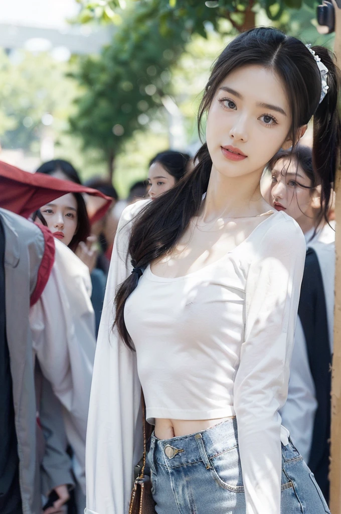 (((best quality))),(((ultra detailed))),(((masterpiece))),illustration,((1 beautiful girl,solo)),((slim,thin)),((small breasts,flat chest)), outside school gate, summer twilight, sunlight,(Twin Tails:1.5),((white long-sleeved shirt)),(clavicalis:1.3),((denim shorts,slender legs)),animated face, excited eyes, sounds of laughter, chatter, excitement of summer vacation, air filled with energy, school gate golden glow, symbol of end of academic year, schoolyard transformed, reunion, farewells, embracing setting sun, face illuminated, moment captured, fleeting instant, essence of summer, carefree spirit, youthful exuberance, embodiment of season, sun dips, rosy glow, joy of living,promise of adventures,((standing,from front,upper body)),(surrounded by crowded crowds:1.3),(arms behind back:1.3)