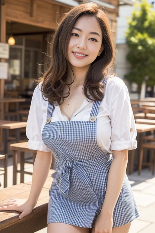 ooki masterpiece、Highest quality、Ultra-high resolution、(Photorealistic:1.6)、1 girl、(Long Hair:1.5)、(round face:1.3)、(Gingham check suspender apron:1.3)、(Plain blue high waist skirt:1.3)、(Apron skirt:1.2)、(White blouse:1.3)、(Double-breasted、Underbust:1.2)、Short sleeve、Button Gap、(Plump body:1.2)、(Smooth Skin:1.1)、Dynamic pose、(chest:1.2)、Cafe、restaurant、Red lipstick、Disheveled Hair、Spreading her legs、((Thighs))、smile、