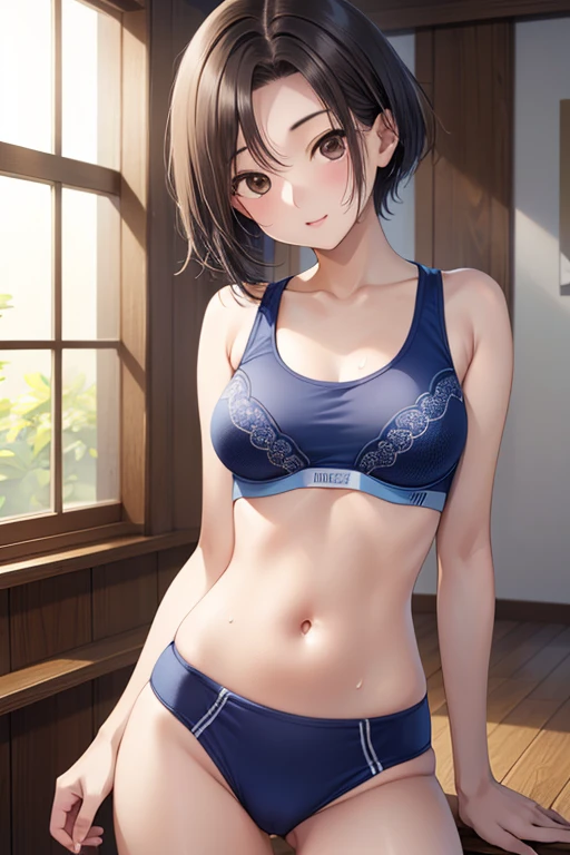 nsfw,Highest quality,masterpiece, High resolution,original, Beautiful attention to detail,Very detailed, Perfect Anatomy,(Highest quality、8K、32k、masterpiece、Hmph:1.2) alone, Cowboy Shot、

Rinko Kobayakawa、Shiny brown hair, short hair,Center-parted bangs、 Beautiful brown eyes、Dazzling Smile、Happy、Sparkling eyes, (fine grain)、Very detailed目、Very detailed顔, Very detailed目,

High resolution, Highest quality,  super high quality, Very detailed目, Cinema Lighting、((Blue sports bra:1.2、Blue buruma、High leg buruma))、Sweat、Sweaty、、Fine Lines、Western-style room、Asahi、