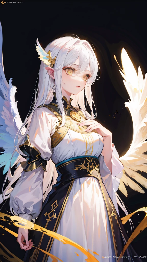 masterpiece:1.2, best quality, glow:1.4, high detailed, intricate details, 1 girl, solo, white hair, yellow eyes, long hair, dress, wings, angel, angel wings, detailed face, beautiful detailed eyes, beautiful detailed lips, extremely detailed eyes and face, long eyelashes, cinematic lighting, volumetric lighting, glowing aura, ethereal, mystical, fantasy, digital painting, artstation, concept art, chiaroscuro