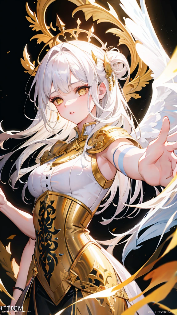 masterpiece:1.2, best quality, glow:1.4, high detailed, intricate details, 1 girl, solo, white hair, yellow eyes, long hair, dress, wings, angel, angel wings, detailed face, beautiful detailed eyes, beautiful detailed lips, extremely detailed eyes and face, long eyelashes, cinematic lighting, volumetric lighting, glowing aura, ethereal, mystical, fantasy, digital painting, artstation, concept art, chiaroscuro