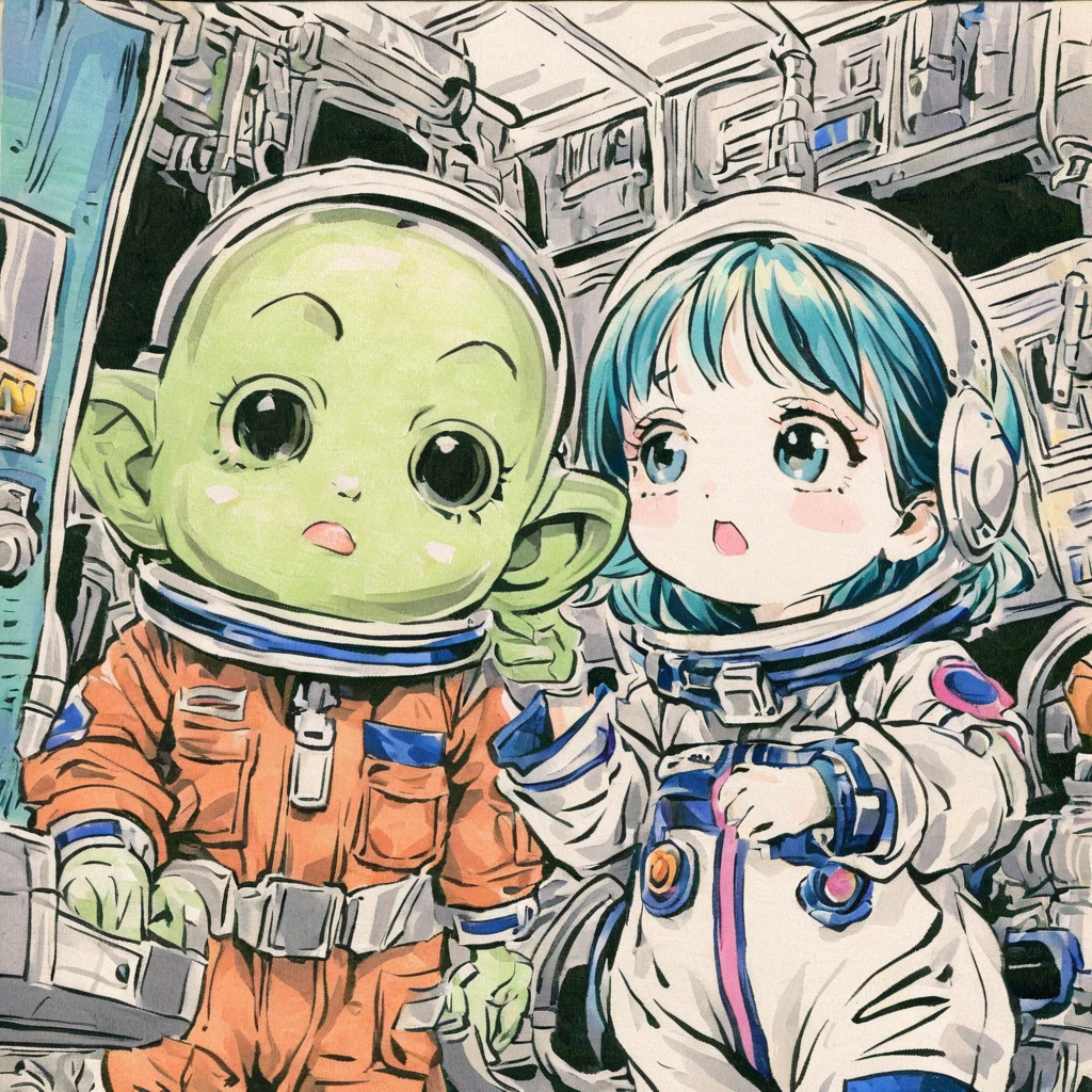 Astronauts meet aliens、Bad and cute art、vintage comic book