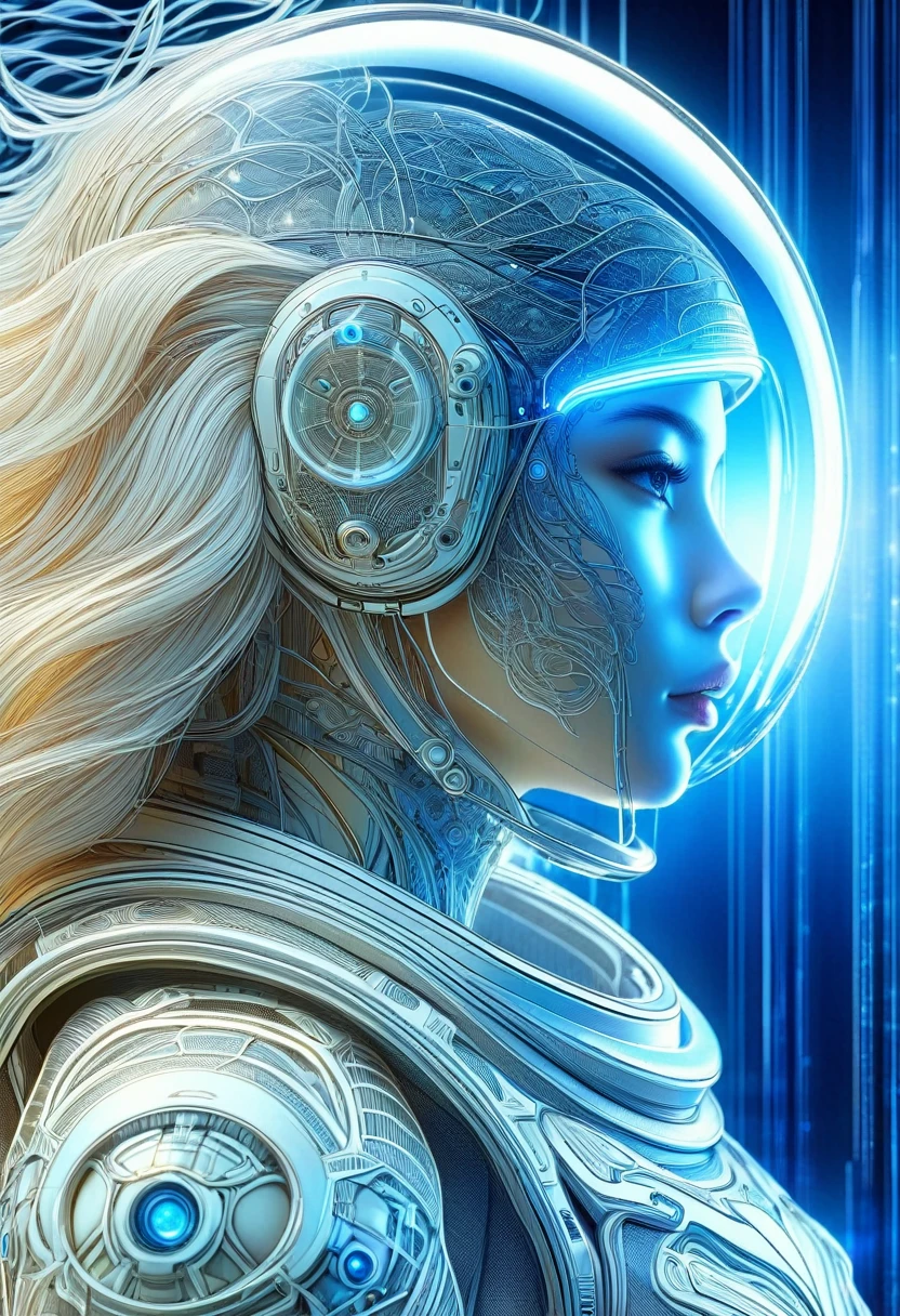  Perfect anatomy of a man wearing an astronaut suit、Close-up of pretty girl wearing transparent helmet astronaut beige hair delicate and beautiful intricate sci-fi digital art illustration edge blue light light and shadow effect movie scene masterpiece, The best quality meticulously carved extremely delicate art work ultra-precision art,Stunning digital art
