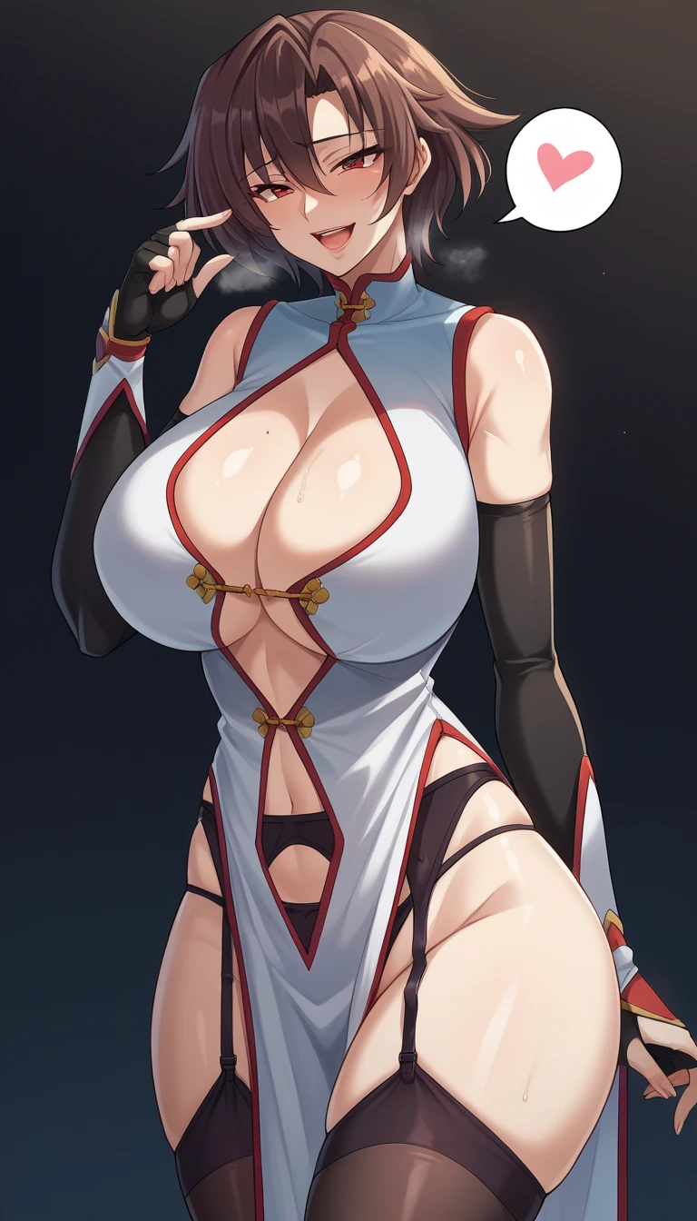 score_9, score_8_up, score_7_up, score_6_up, score_5_up,  black background,
BREAK
source_anime, rating_explicit, Expressiveh,
BREAK
1girl, Lee Mayfeng, brown hair, short hair, red eyes, huge breasts, happy, spoken heart, 
china dress, cleavage, elbow gloves, black thighhighs, garter belt, garter straps, thong, pelvic curtain, white footwear,
tall, leggy, glistened skin, oiled skin, shiny skin, heavy breathing, wide hips, tight waist, thick thighs,
pussy juice, 