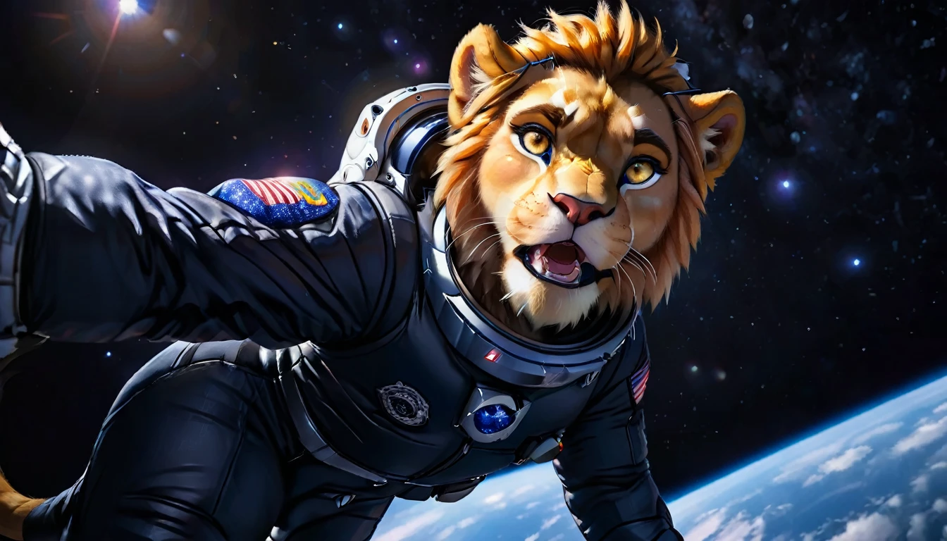 Arafed a picture of a anthomorph lion astronaut he stands on the moon (roaring: 1.3), open maw, mouth opened sense awe, sense of might, king of space, to space, an epic (anthomorph lion: 1.3), Ultra detailed head, open maw, best detailed head(wearing astronaut suit: 1.5), feline eyes, dynamic colors eyes, roaring as he stands on the moon roaring to space, the vastness of space above the king of space, many stars above him, vibrant, Ultra-high resolution, High Contrast, masterpiece:1.2, highest quality, Best aesthetics), best details, best quality, highres, ultra wide angle, 16k, [ultra detailed], masterpiece, best quality, (extremely detailed), Intense Gaze, Cinematic Hollywood Film, furry