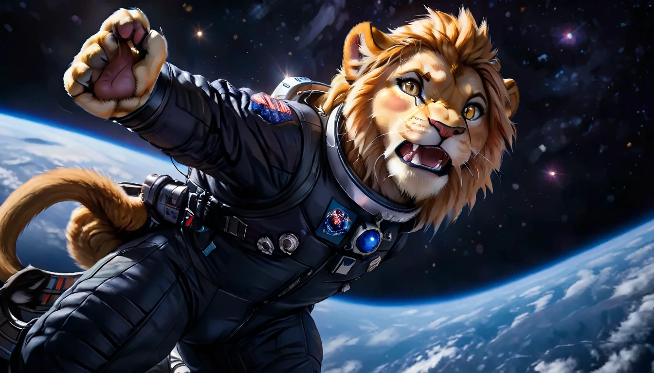 Arafed a picture of a anthomorph lion astronaut he stands on the moon (roaring: 1.3), open maw, mouth opened sense awe, sense of might, king of space, to space, an epic (anthomorph lion: 1.3), Ultra detailed head, open maw, best detailed head(wearing astronaut suit: 1.5), feline eyes, dynamic colors eyes, roaring as he stands on the moon roaring to space, the vastness of space above the king of space, many stars above him, vibrant, Ultra-high resolution, High Contrast, masterpiece:1.2, highest quality, Best aesthetics), best details, best quality, highres, ultra wide angle, 16k, [ultra detailed], masterpiece, best quality, (extremely detailed), Intense Gaze, Cinematic Hollywood Film, furry