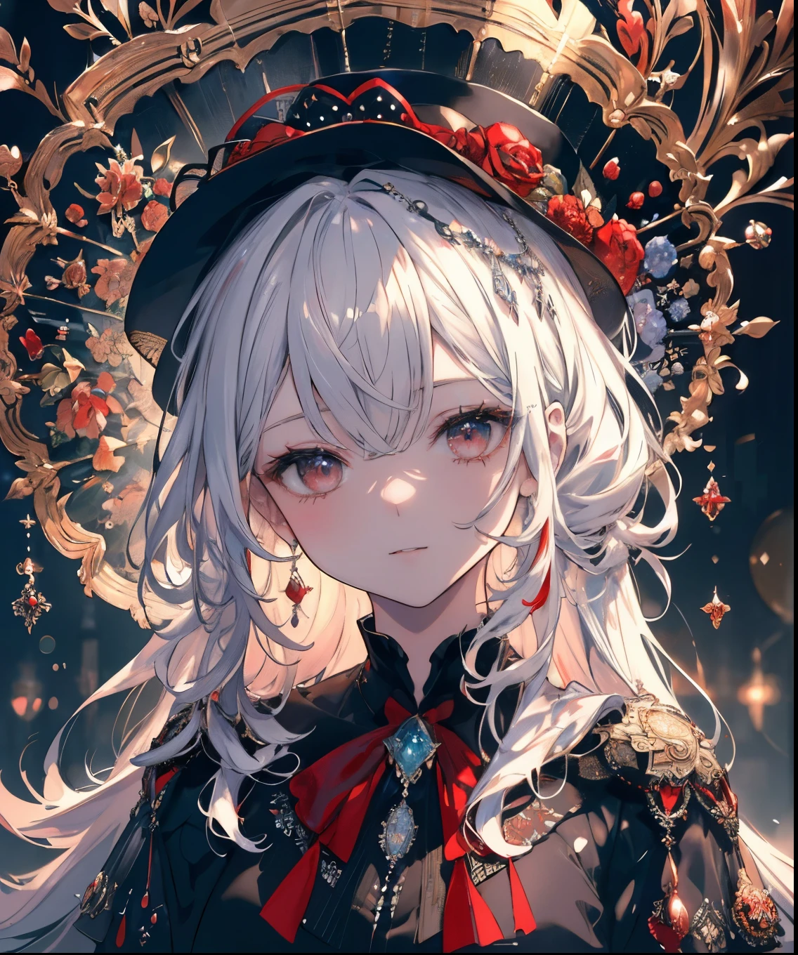 High resolution RAW color art, animation,Sculpture, シルバーRedスキン, (((Highly detailed elegant))), Magical atmosphere, Detailed skin, texture,(Exquisitely crafted, The finer details, Ultra-detailed art), Depth of written boundary, Bokeh, Silky Touch, Hyper Detail, White Background, (Red), Beautiful Eyes, Elegant face, Recall, Magic Hat