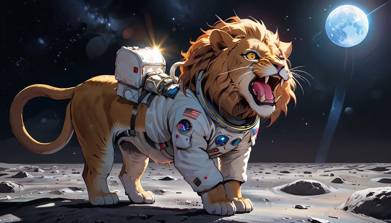 Arafed a picture of a anthomorph lion astronaut he stands on the moon (roaring: 1.3), open maw, mouth opened sense awe, sense of might, king of space, to space, an epic (anthomorph lion: 1.3), Ultra detailed head, open maw, best detailed head(wearing astronaut suit: 1.5), feline eyes, dynamic colors eyes, roaring as he stands on the moon roaring to space, the vastness of space above the king of space, many stars above him, vibrant, Ultra-high resolution, High Contrast, masterpiece:1.2, highest quality, Best aesthetics), best details, best quality, highres, ultra wide angle, 16k, [ultra detailed], masterpiece, best quality, (extremely detailed), Intense Gaze, Cinematic Hollywood Film, furry