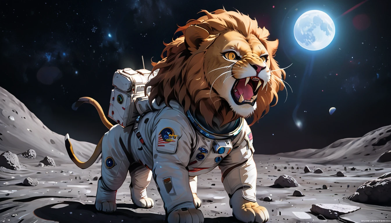 Arafed a picture of a anthomorph lion astronaut he stands on the moon (roaring: 1.3), open maw, mouth opened sense awe, sense of might, king of space, to space, an epic (anthomorph lion: 1.3), Ultra detailed head, open maw, best detailed head(wearing astronaut suit: 1.5), feline eyes, dynamic colors eyes, roaring as he stands on the moon roaring to space, the vastness of space above the king of space, many stars above him, vibrant, Ultra-high resolution, High Contrast, masterpiece:1.2, highest quality, Best aesthetics), best details, best quality, highres, ultra wide angle, 16k, [ultra detailed], masterpiece, best quality, (extremely detailed), Intense Gaze, Cinematic Hollywood Film, furry