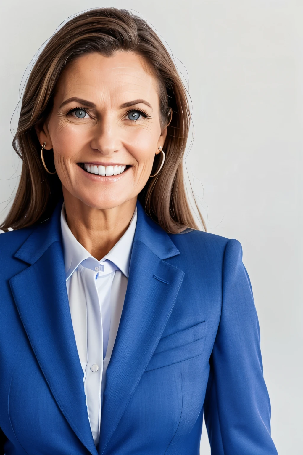 well-groomed woman in a blue suit posing for a business portrait in a photo studio, poor skin, normal teeth, white background, white wall, blue suit, job application portrait, European, right-side semi-profile, half profile, straight look into camera, turns head into camera, upper body, full upper body, business professional, business consultant, white background, blue suit, 55 years of age, straight look into camera, average looking, average woman, poor skin, normal teeth, intelligent, wearing a blue suit, woman in blue suit, white background, confident smile, confident eyes, very detailed, business woman, white background, blue suit, posing for a business portrait