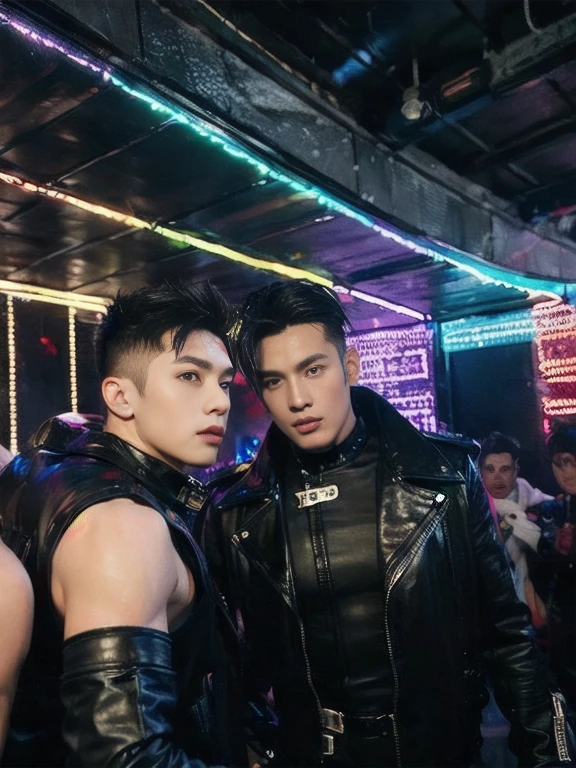 A crowded nightclub with colourful lights and several muscular handsome men wearing black leather BDSM outfits mingling and talking,  