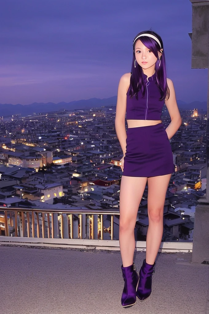 Qinghai Province Magong Yadian,1 Girl,Solitary,,Purple Hair,Fingerless gloves,Long hair,Headband,star Hair accessories,Purple Eyes,earrings,skirt,Jewelry,Chinese clothes,Hair accessories,Lips,Looking at the audience,city View,night,Hands on Hips,Cowboy shooting，Perfect legs，High heel