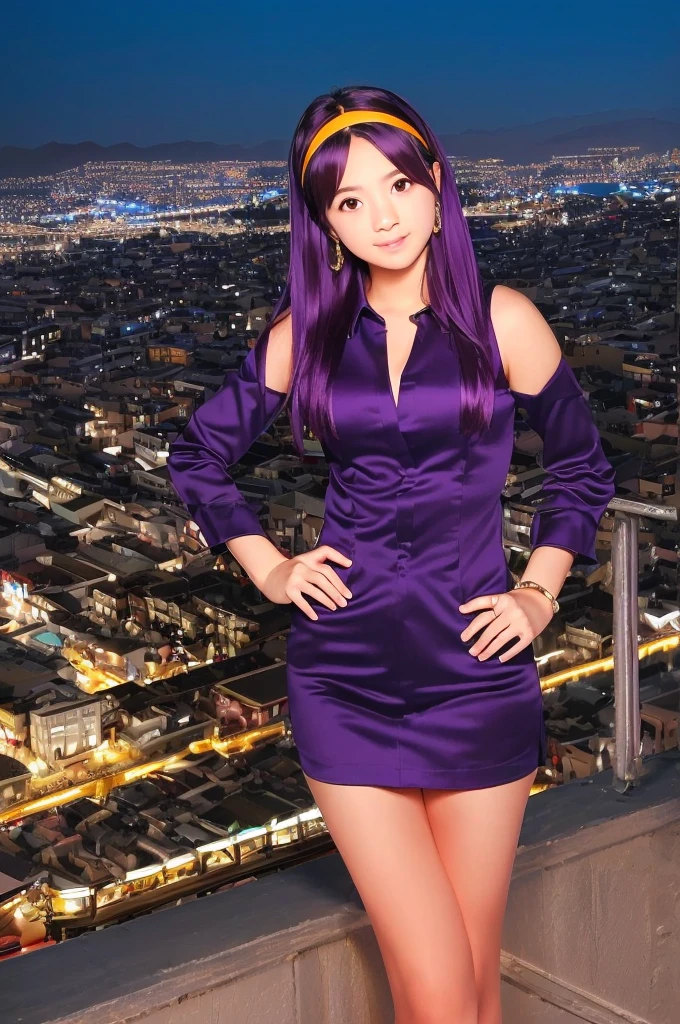 Qinghai Province Magong Yadian,1 Girl,Solitary,,Purple Hair,Fingerless gloves,Long hair,Headband,star Hair accessories,Purple Eyes,earrings,skirt,Jewelry,Chinese clothes,Hair accessories,Lips,Looking at the audience,city View,night,Hands on Hips,Cowboy shooting，Perfect legs，High heel