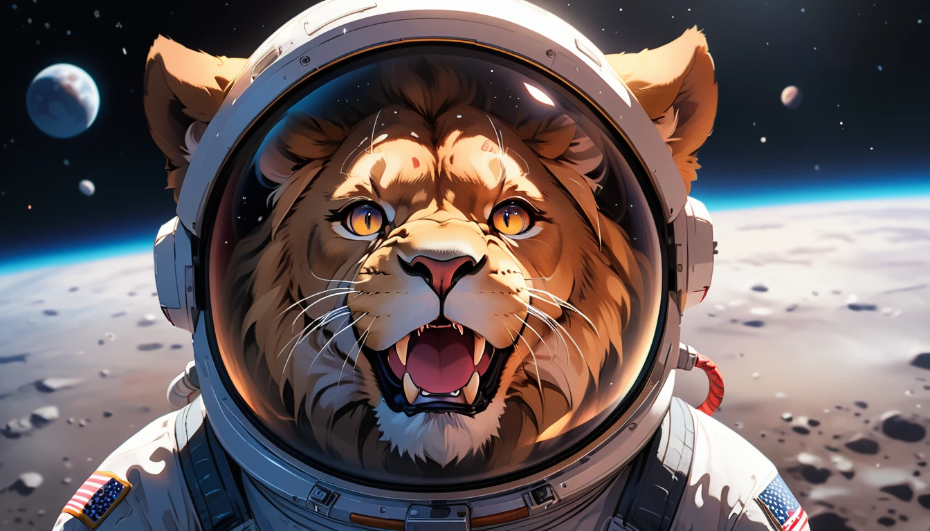 Arafed a picture of a anthomorph lion astronaut he stands on the moon (roaring: 1.3), open maw, mouth opened sense awe, sense of might, king of space, to space, an epic (anthomorph lion: 1.3), Ultra detailed head, open maw, best detailed head(wearing astronaut suit: 1.5), feline eyes, dynamic colors eyes, roaring as he stands on the moon roaring to space, the vastness of space above the king of space, many stars above him, vibrant, Ultra-high resolution, High Contrast, masterpiece:1.2, highest quality, Best aesthetics), best details, best quality, highres, ultra wide angle, 16k, [ultra detailed], masterpiece, best quality, (extremely detailed), Intense Gaze, Cinematic Hollywood Film, furry